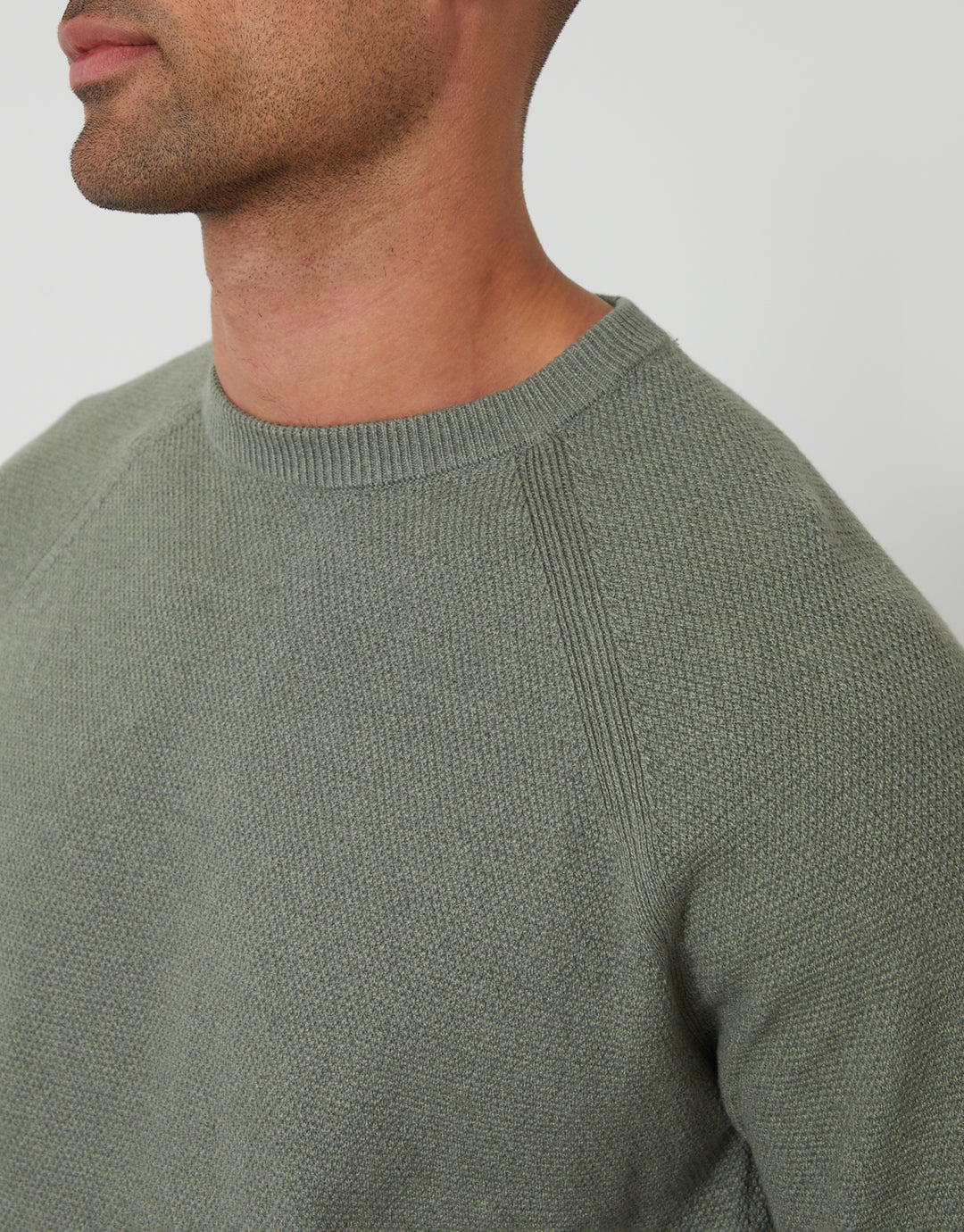 Threadbare Raglan Knitted Crew Neck Jumper in Green Marl - neckline close up