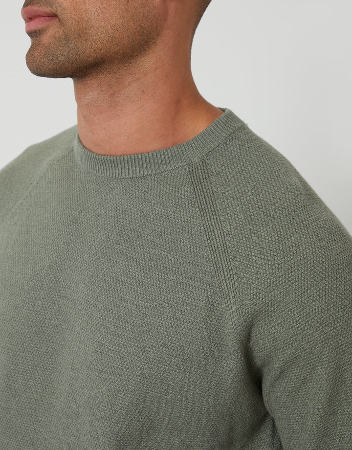 Threadbare Raglan Knitted Crew Neck Jumper in Green Marl - neckline close up