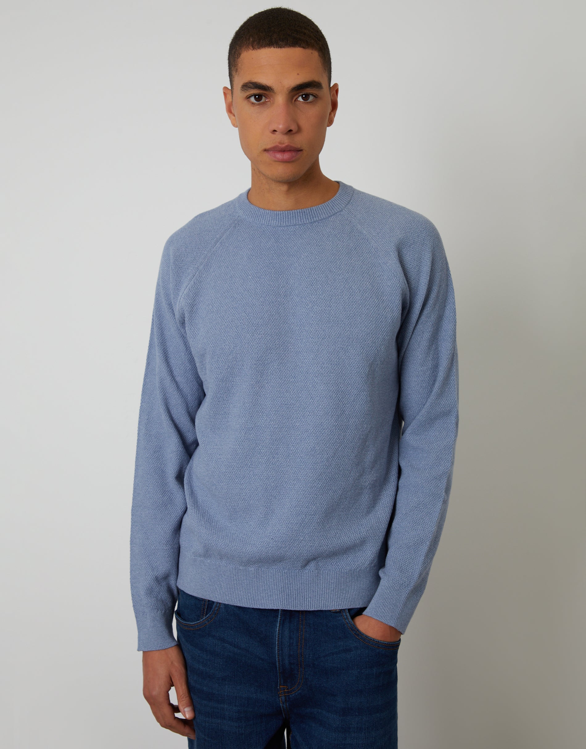 Raglan Knitted Crew Neck Jumper in Blue Marl