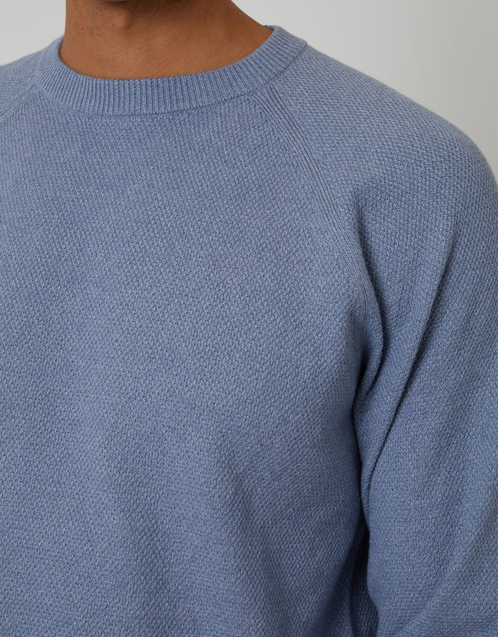 Threadbare Raglan Knitted Crew Neck Jumper in Blue Marl - neckline close up