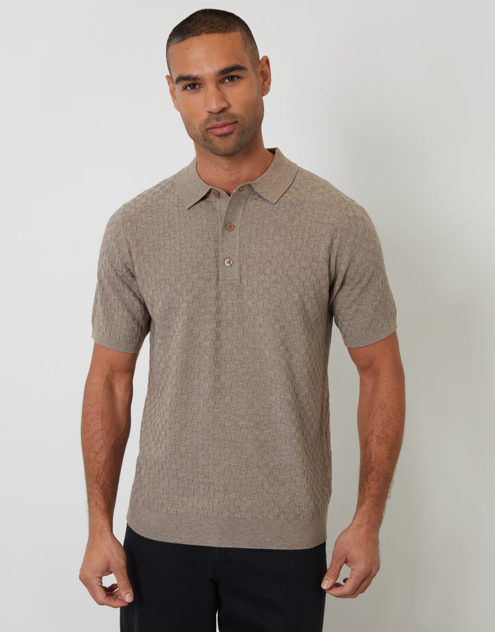 Taupe Basket Stitch Knitted Polo