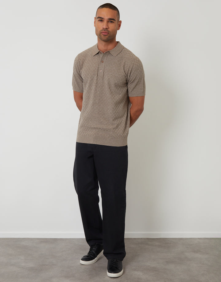Taupe Basket Stitch Knitted Polo
