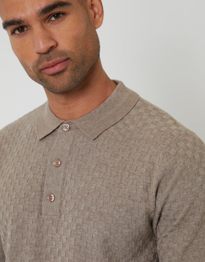 Taupe Basket Stitch Knitted Polo