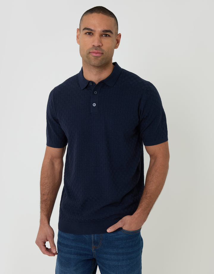 Threadbare Basket Stitch Knitted Polo in Navy - front view