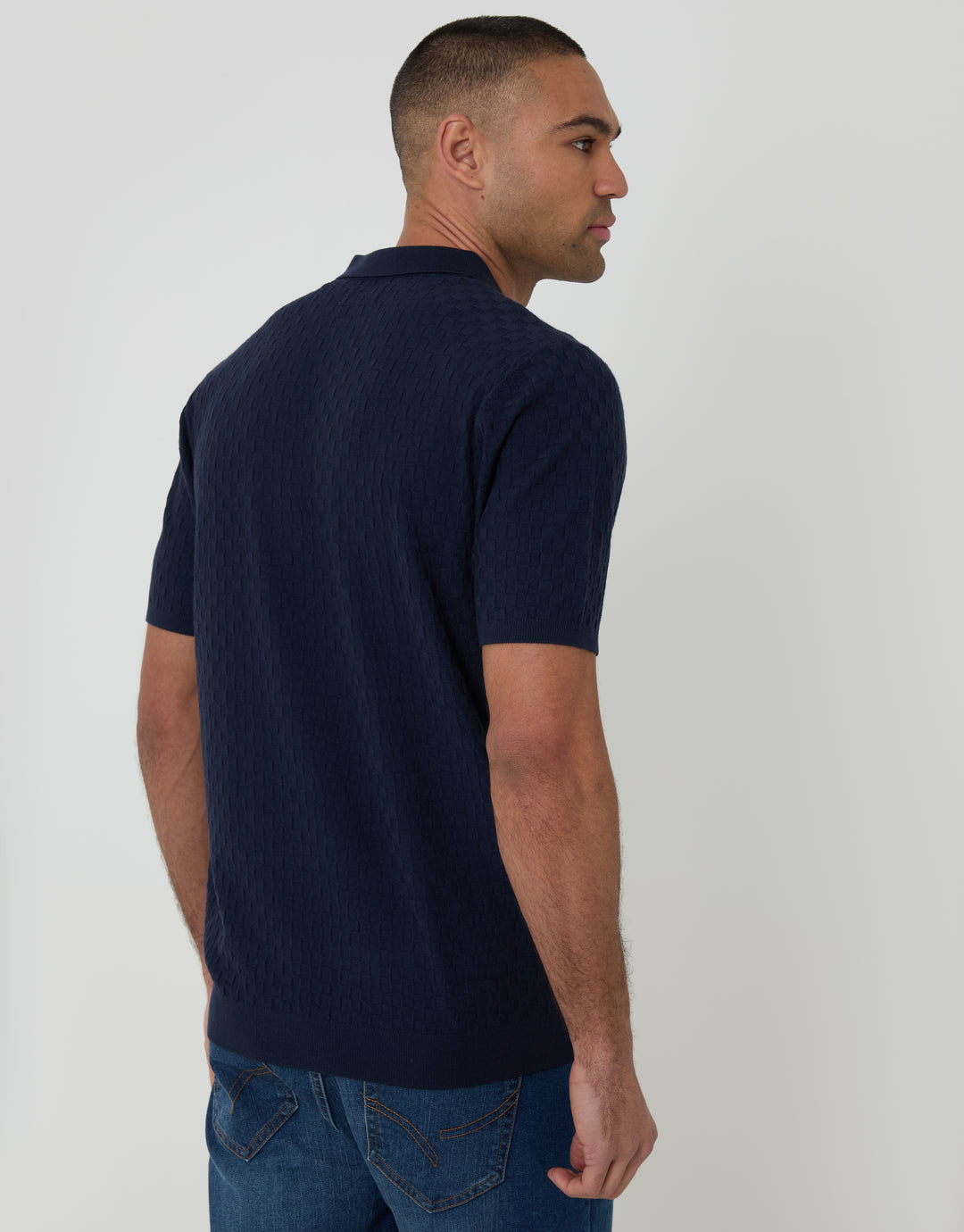 Threadbare Basket Stitch Knitted Polo in Navy - back view