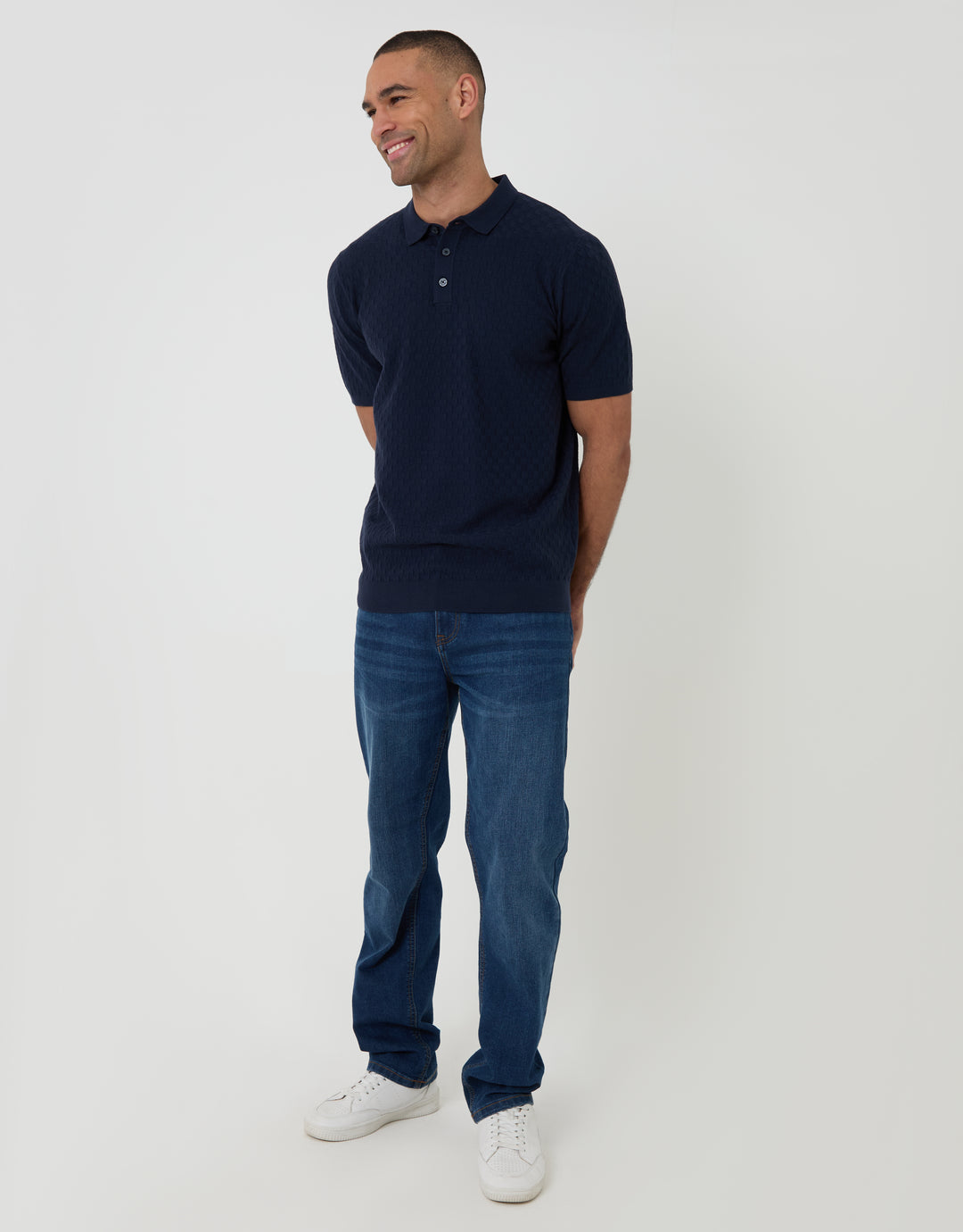 Threadbare Basket Stitch Knitted Polo in Navy - full body