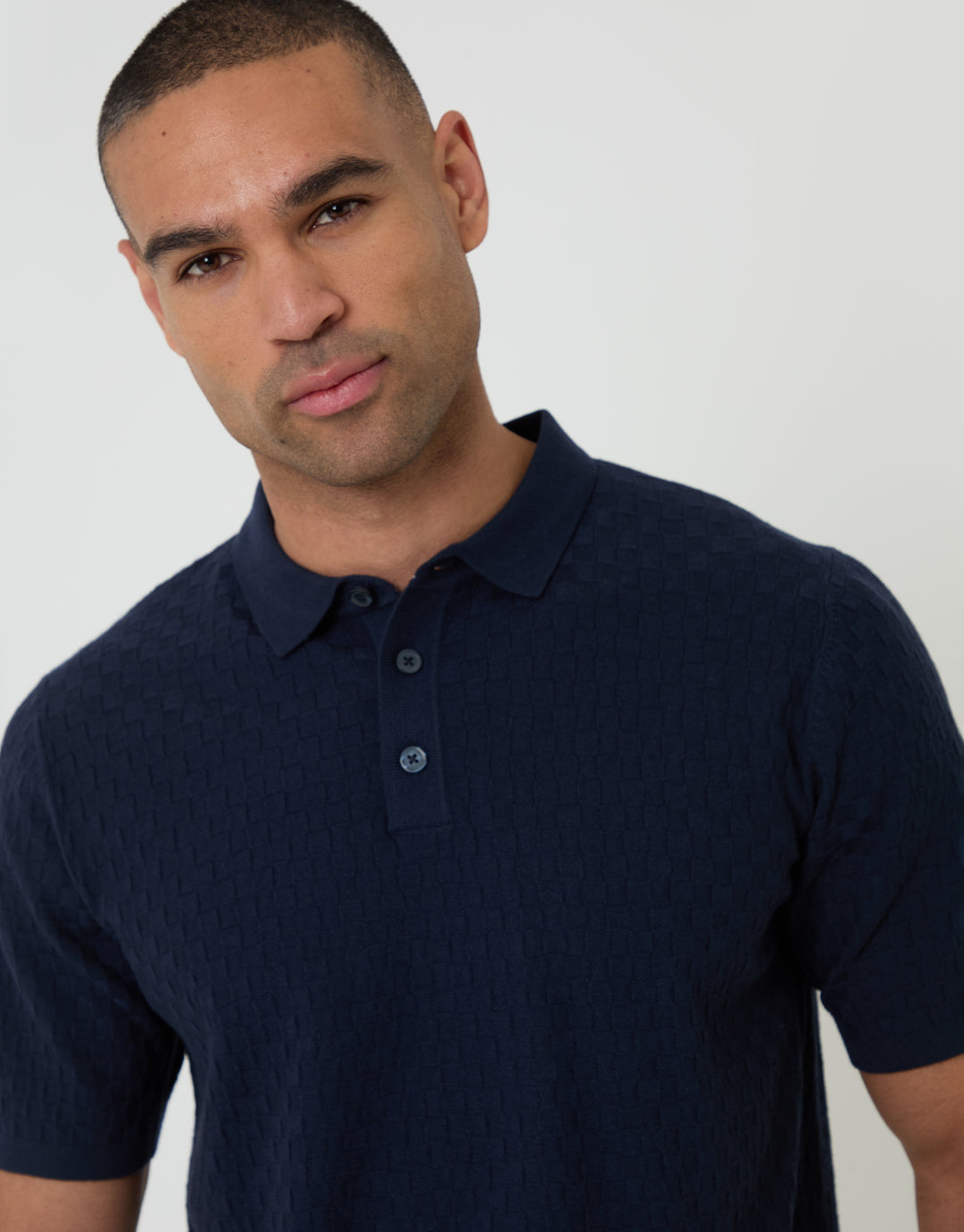 Threadbare Basket Stitch Knitted Polo in Navy - front view close up