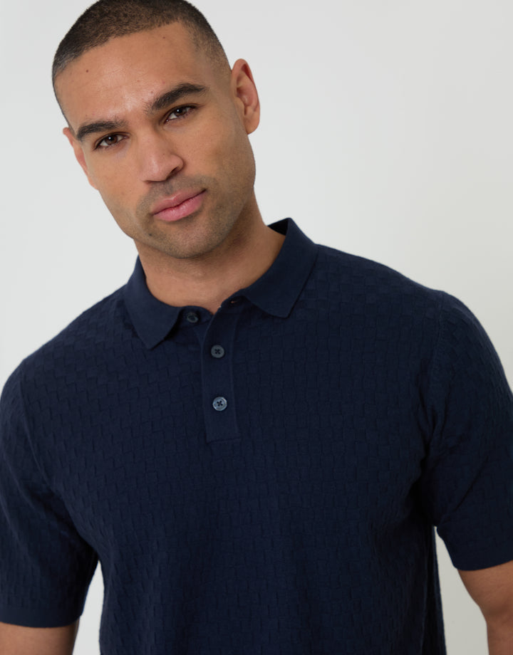 Threadbare Basket Stitch Knitted Polo in Navy - front view close up