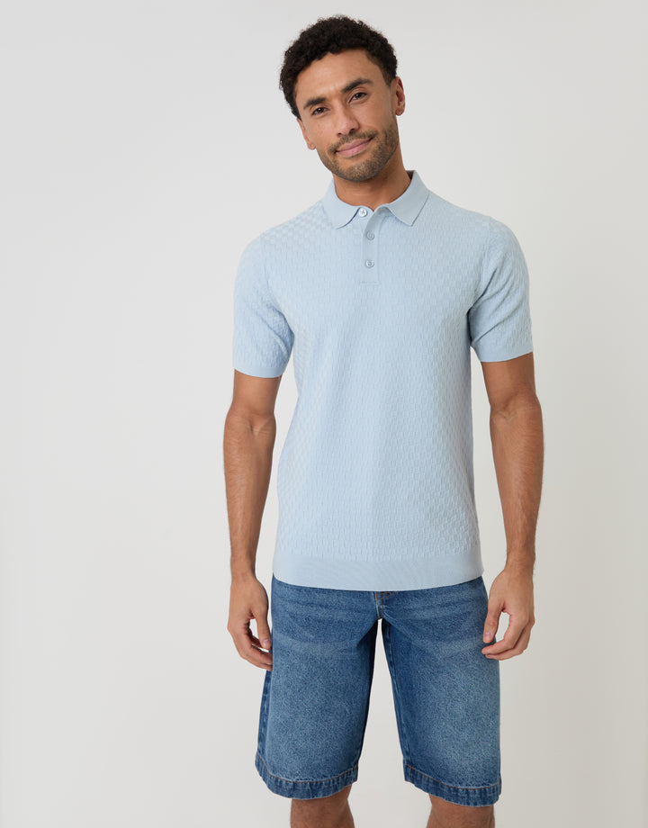 Light Blue Basket Stitch Knitted Polo