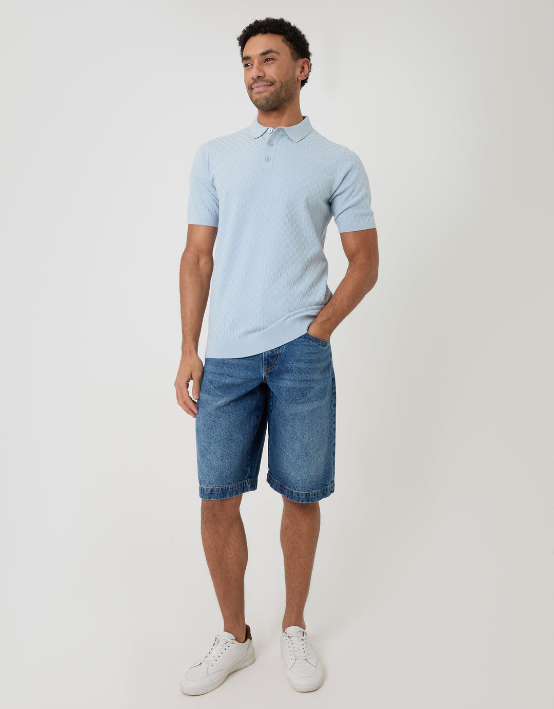 Light Blue Basket Stitch Knitted Polo