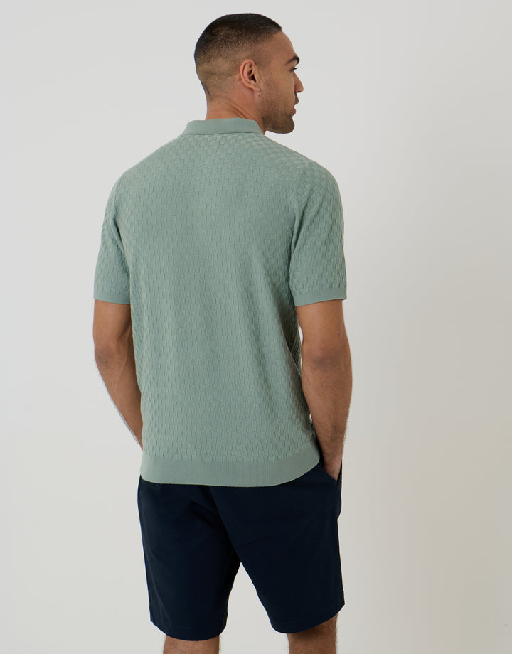 Sage Green Basket Stitch Knitted Polo