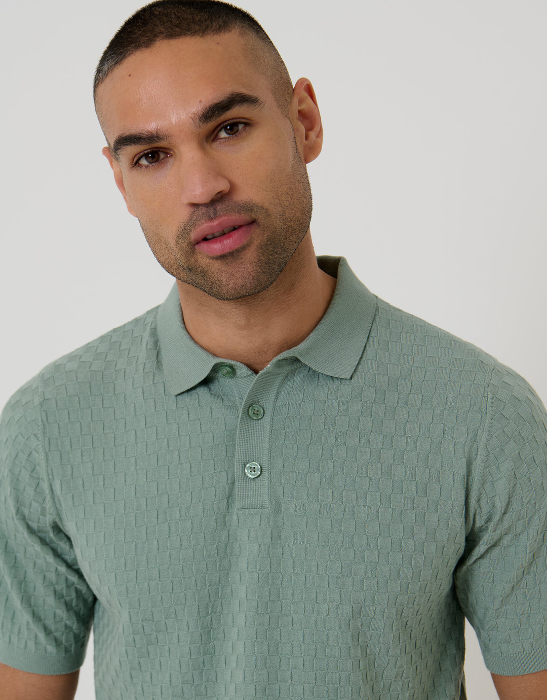 Sage Green Basket Stitch Knitted Polo