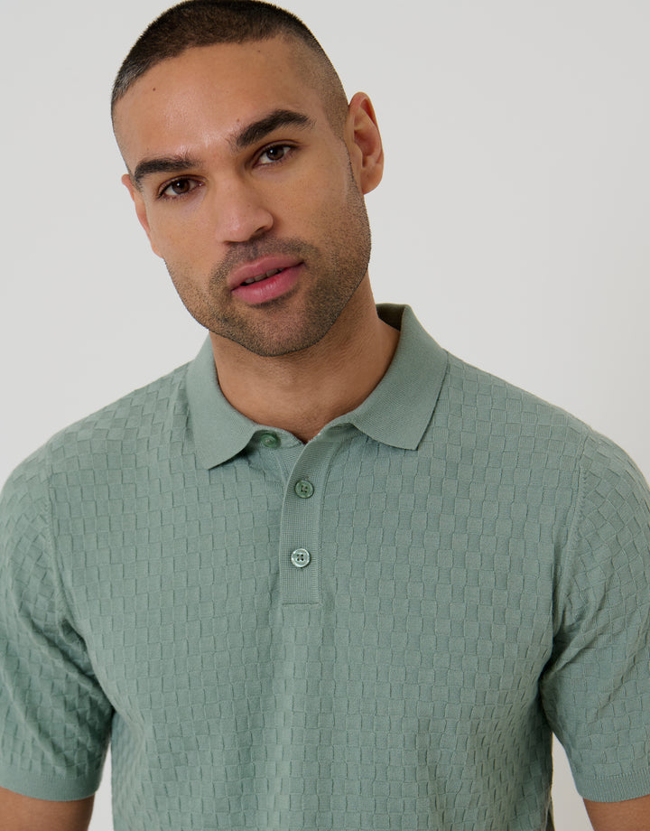 Sage Green Basket Stitch Knitted Polo