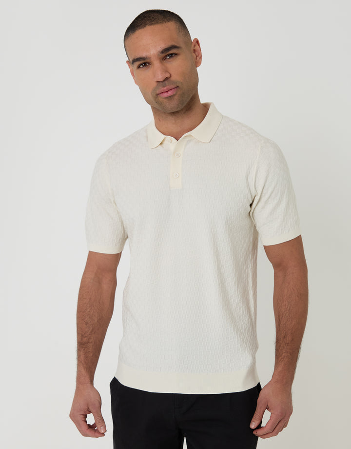 Ecru Basket Stitch Knitted Polo