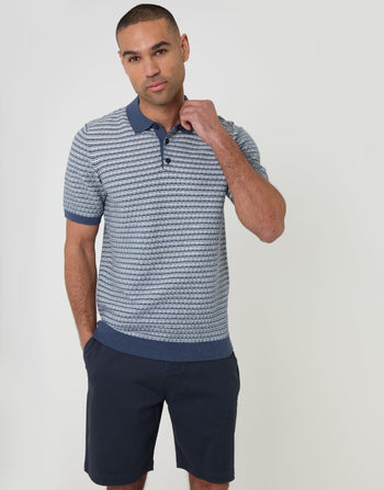 Threadbare Textured Stripe Knitted Polo in Denim Blue - front view