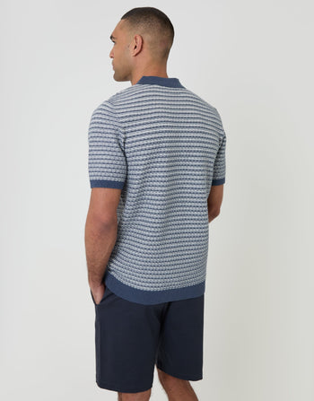 Threadbare Textured Stripe Knitted Polo in Denim Blue - back view