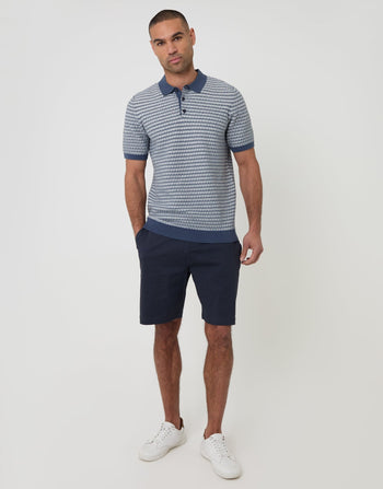 Threadbare Textured Stripe Knitted Polo in Denim Blue - full body