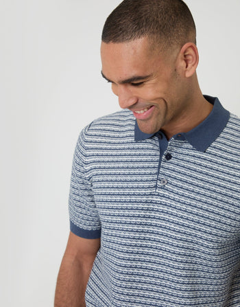 Threadbare Textured Stripe Knitted Polo in Denim Blue - front view close up