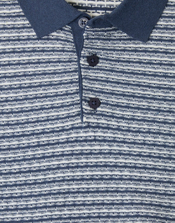 Threadbare Textured Stripe Knitted Polo in Denim Blue - buttons close up