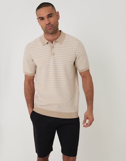 Threadbare Textured Stripe Knitted Polo in Beige - front view