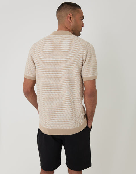 Threadbare Textured Stripe Knitted Polo in Beige - back view