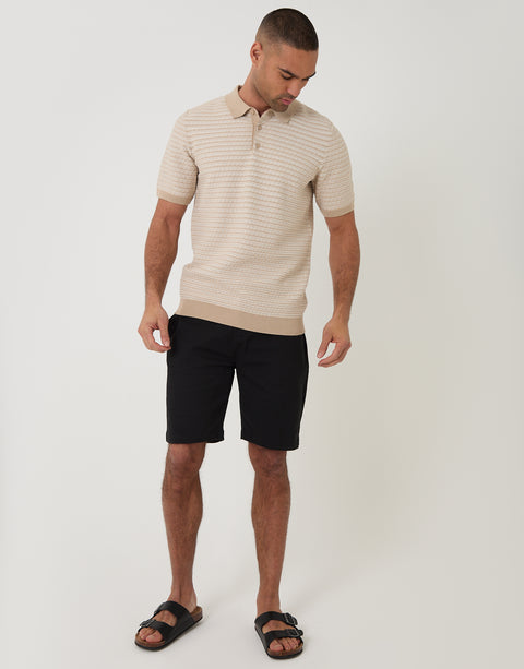 Threadbare Textured Stripe Knitted Polo in Beige - full body