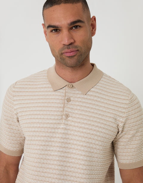 Threadbare Textured Stripe Knitted Polo in Beige - front view close up