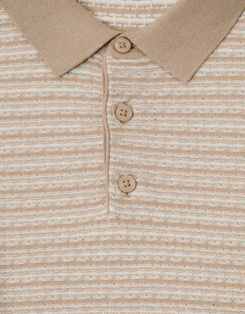 Threadbare Textured Stripe Knitted Polo in Beige - fabric & buttons close up