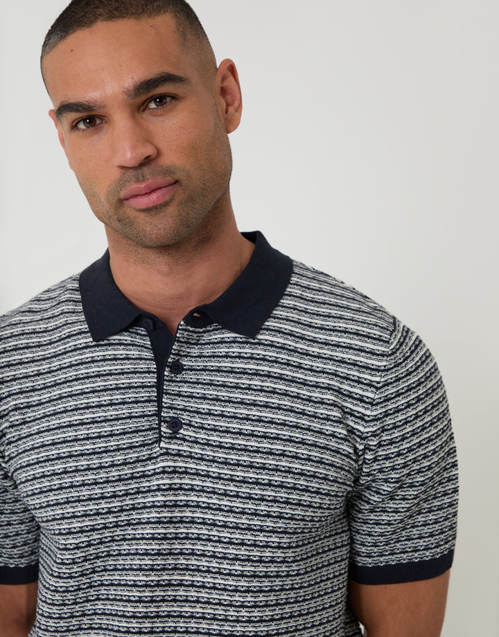 Navy Textured Stripe Knitted Polo