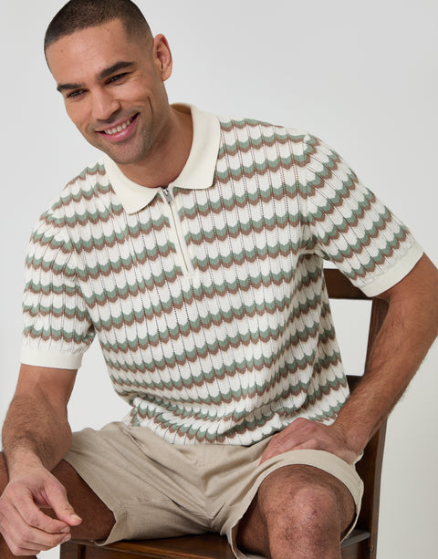 Threadbare Herringbone Stripe Knitted Quarter Zip Polo in Ecru - seated