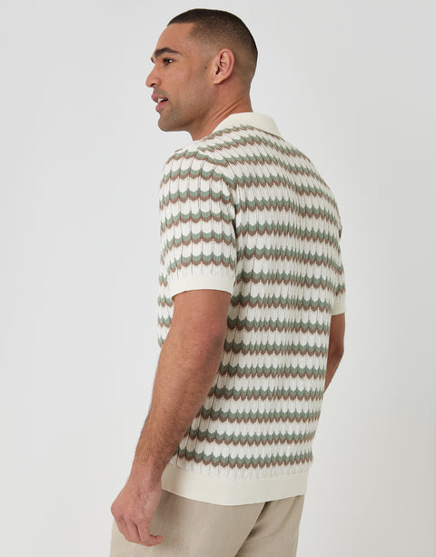 Threadbare Herringbone Stripe Knitted Quarter Zip Polo in Ecru - side view