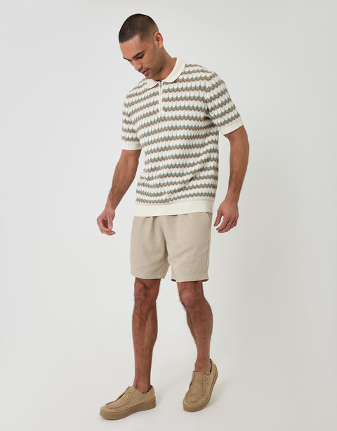 Threadbare Herringbone Stripe Knitted Quarter Zip Polo in Ecru - full body