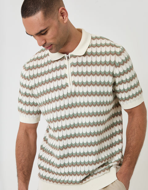 Threadbare Herringbone Stripe Knitted Quarter Zip Polo in Ecru - front view
