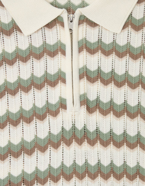 Threadbare Herringbone Stripe Knitted Quarter Zip Polo in Ecru - zip close up