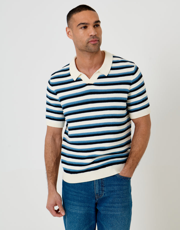 Threadbare Knitted Trophy Neck Polo in Ecru Textured Stripe - front view