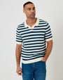 Threadbare Knitted Trophy Neck Polo in Ecru Textured Stripe - front view