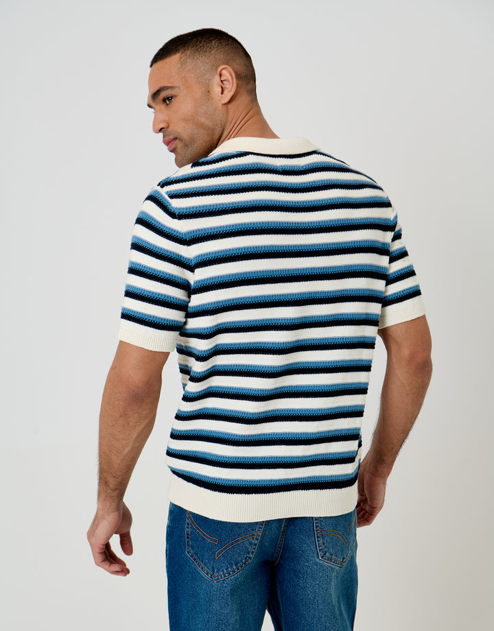 Threadbare Knitted Trophy Neck Polo in Ecru Textured Stripe - back view