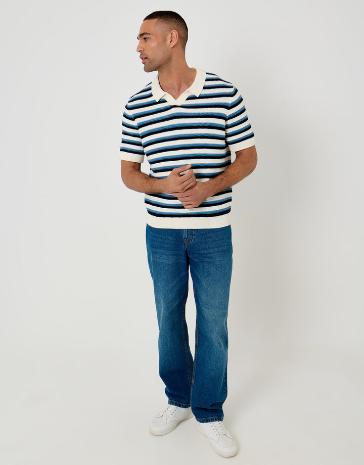 Threadbare Knitted Trophy Neck Polo in Ecru Textured Stripe - full body