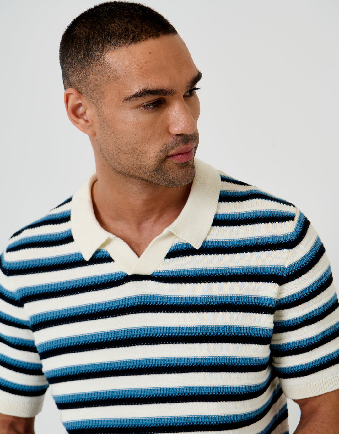 Threadbare Knitted Trophy Neck Polo in Ecru Textured Stripe - front view close up