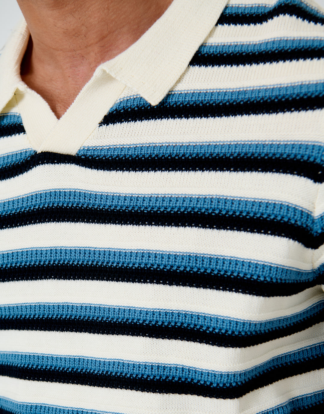 Threadbare Knitted Trophy Neck Polo in Ecru Textured Stripe - fabric close up