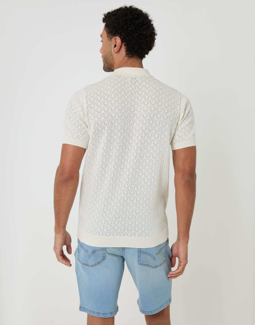 Threadbare Textured Knit Short Sleeve Polo in Ecru - back view
