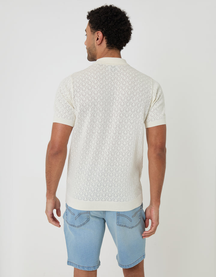 Threadbare Textured Knit Short Sleeve Polo in Ecru - back view