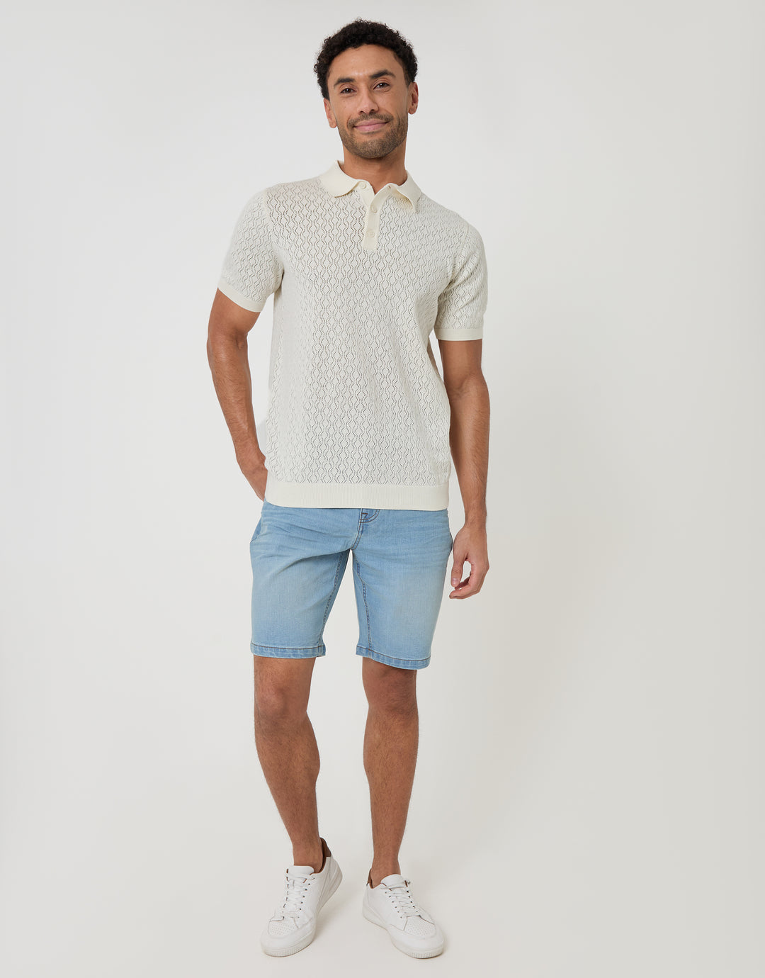Threadbare Textured Knit Short Sleeve Polo in Ecru - full body