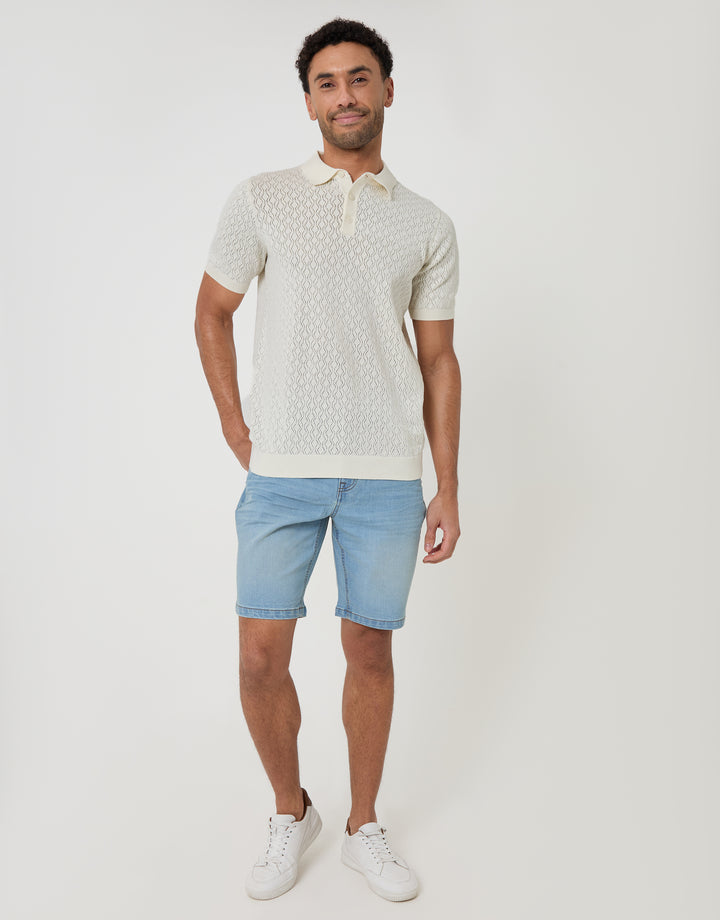 Threadbare Textured Knit Short Sleeve Polo in Ecru - full body