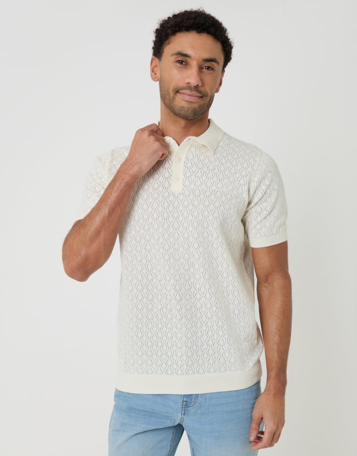 Threadbare Textured Knit Short Sleeve Polo in Ecru - front view