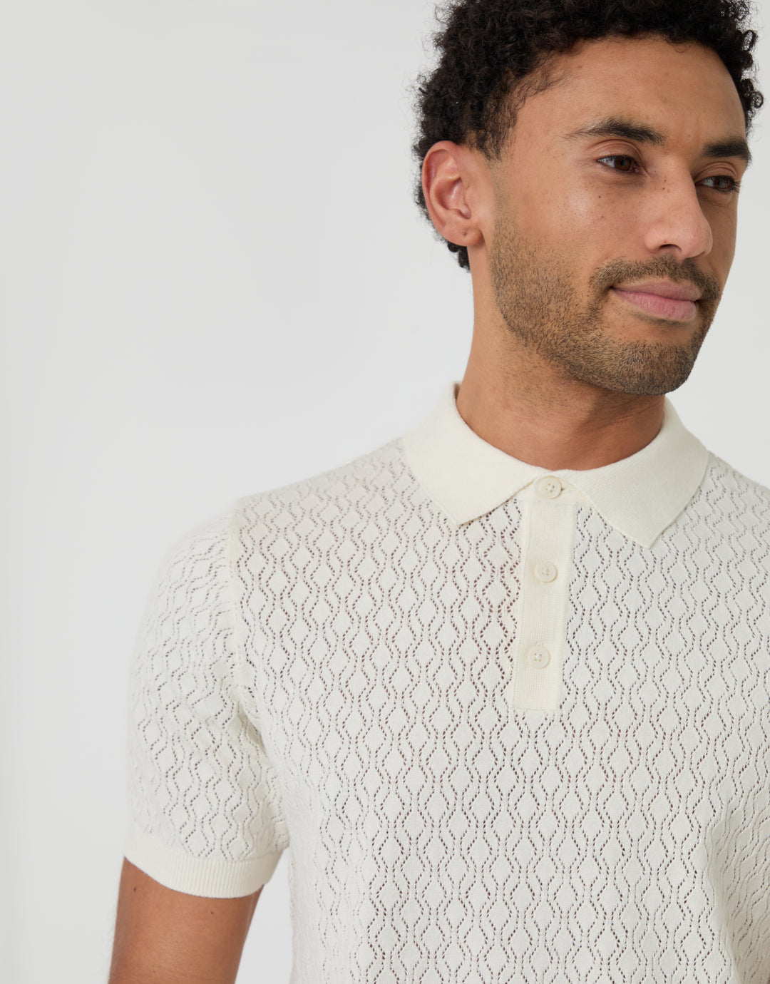 Threadbare Textured Knit Short Sleeve Polo in Ecru - front view close up