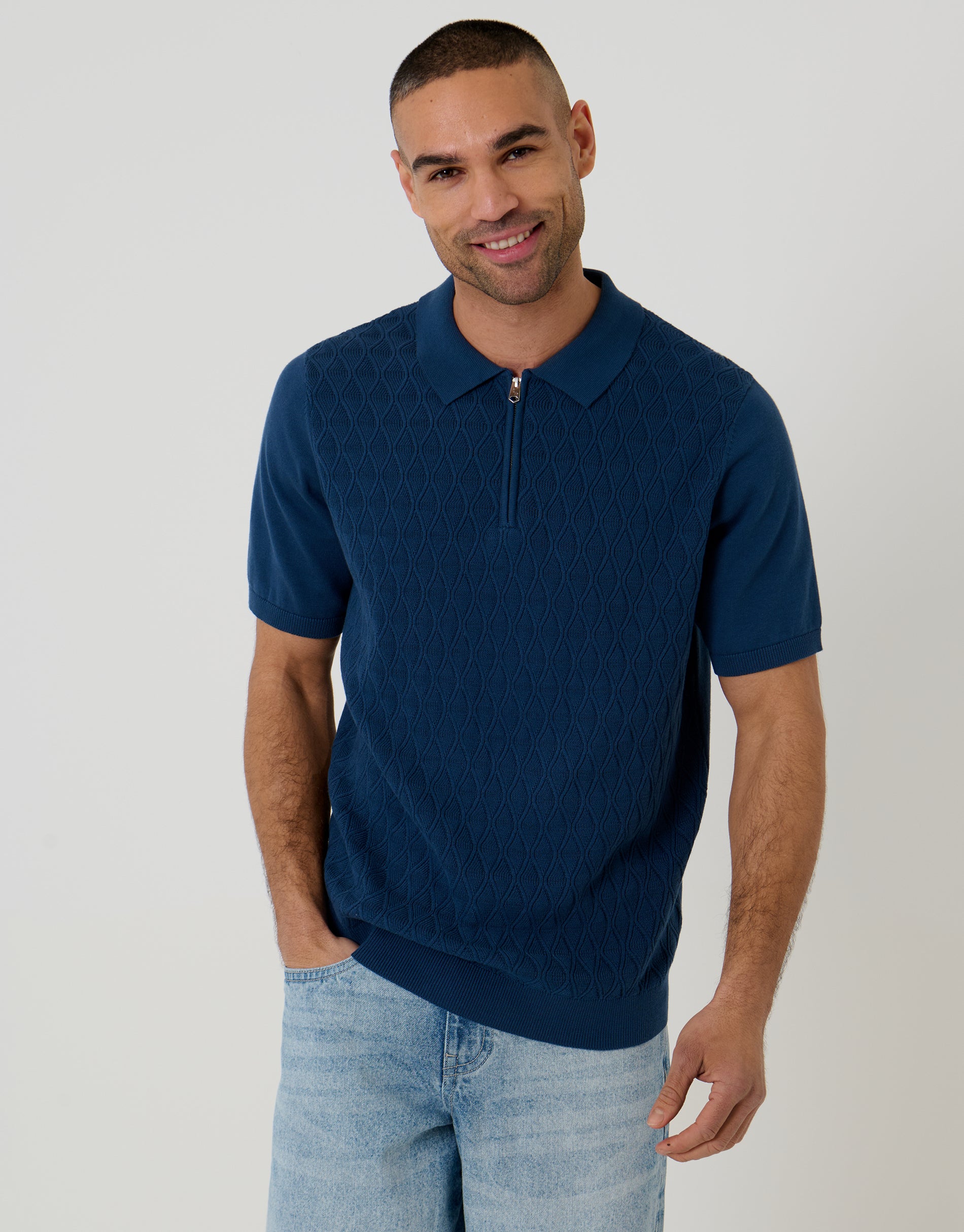 Threadbare Men's Denim Blue Diamond Cable Knit Quarter Zip Polo