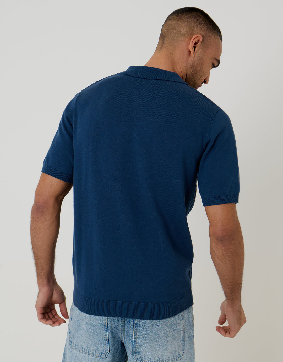 Denim Blue Diamond Cable Knit Quarter Zip Polo