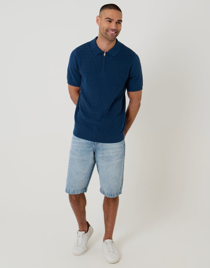 Denim Blue Diamond Cable Knit Quarter Zip Polo