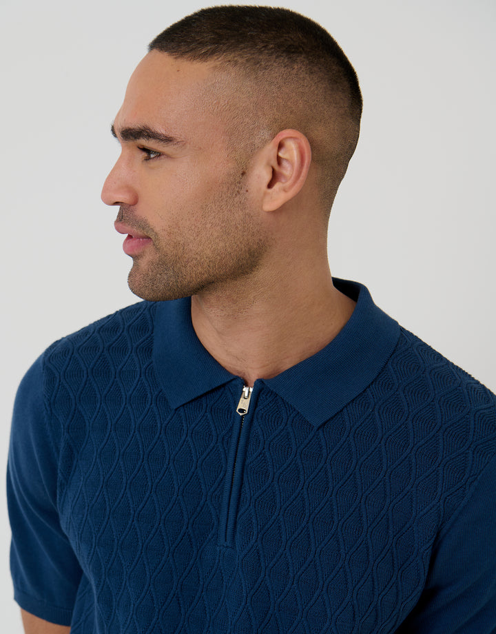 Denim Blue Diamond Cable Knit Quarter Zip Polo